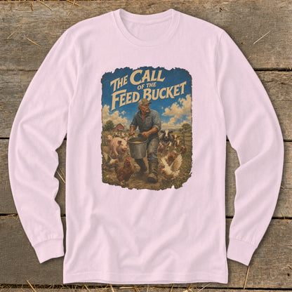 Farmer feeding animals, "The Call of the Feed Bucket" text.