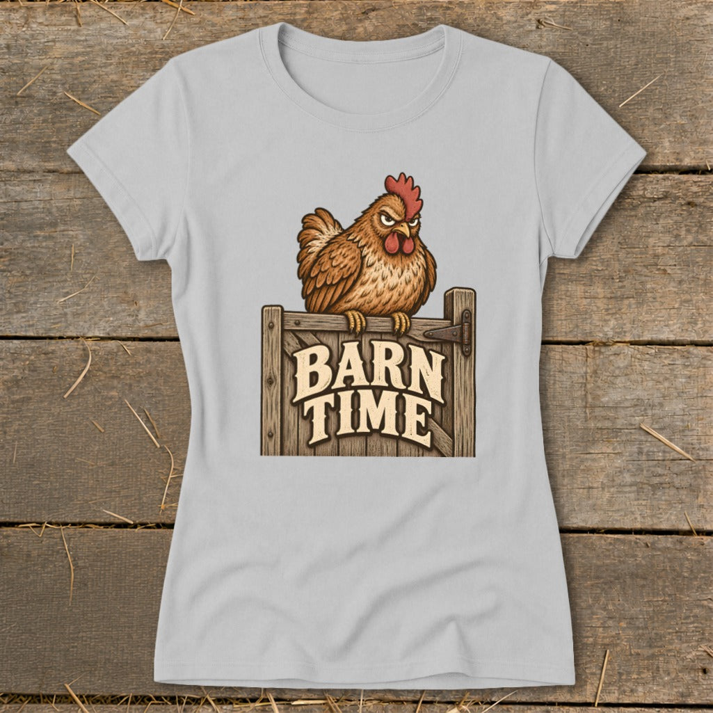 Brown chicken perched on wooden gate with "BARN TIME" text.