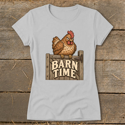 Brown chicken perched on wooden gate with "BARN TIME" text.