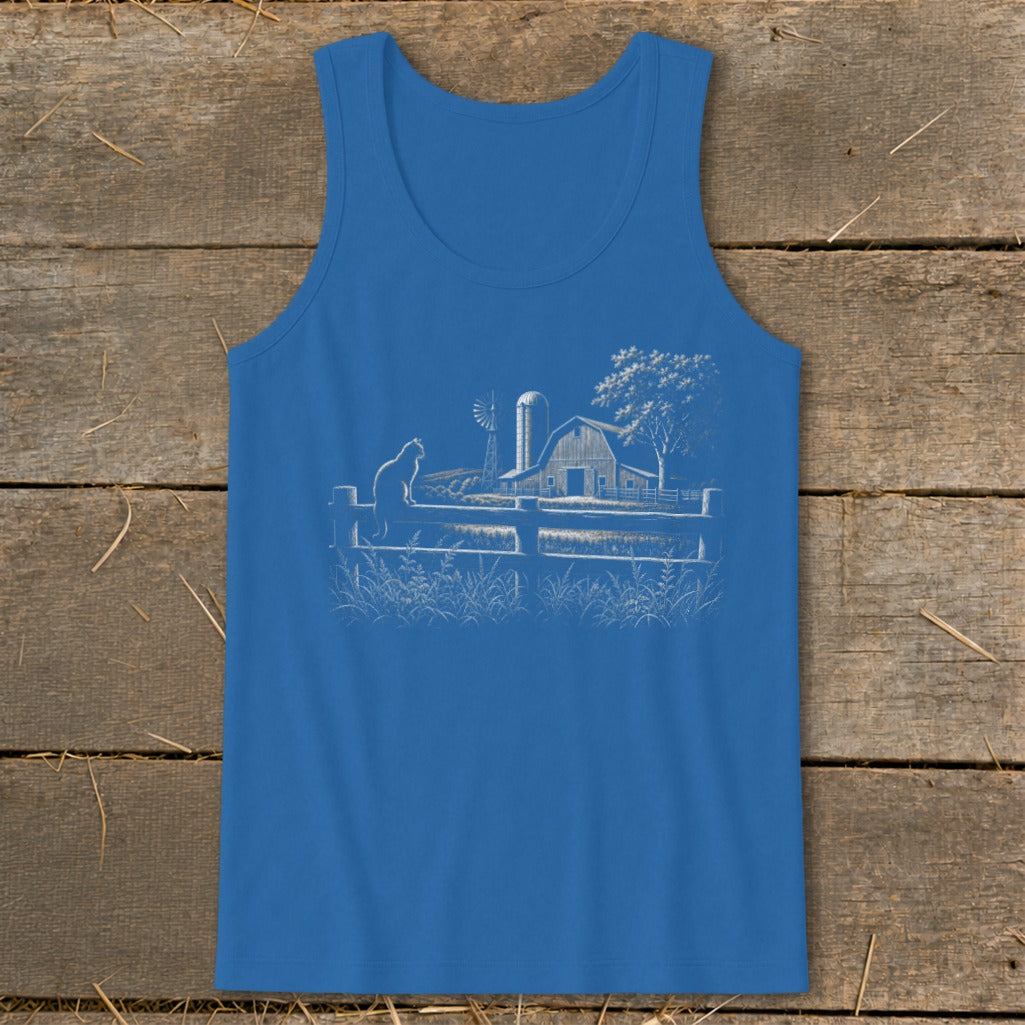 Blue tank top with white line drawing of a farm scene: cat, fence, barn, silo, windmill, tree.