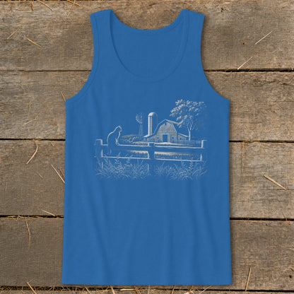 Blue tank top with white line drawing of a farm scene: cat, fence, barn, silo, windmill, tree.