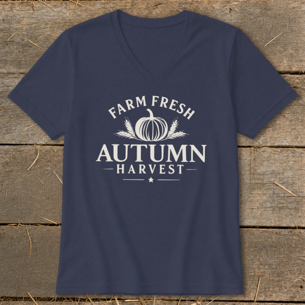 Navy v-neck t-shirt with "Farm Fresh Autumn Harvest" graphic and pumpkin illustration.