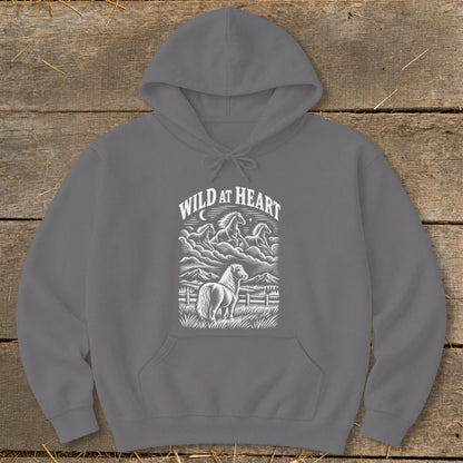 Gray hoodie with "Wild at Heart" text and horse illustration on front.