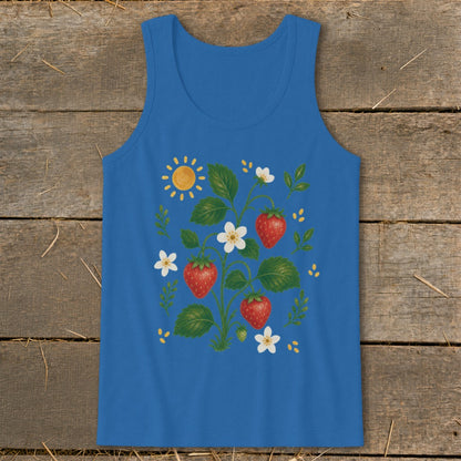Blue tank top with a strawberry patch illustration, white flowers, and a sun.