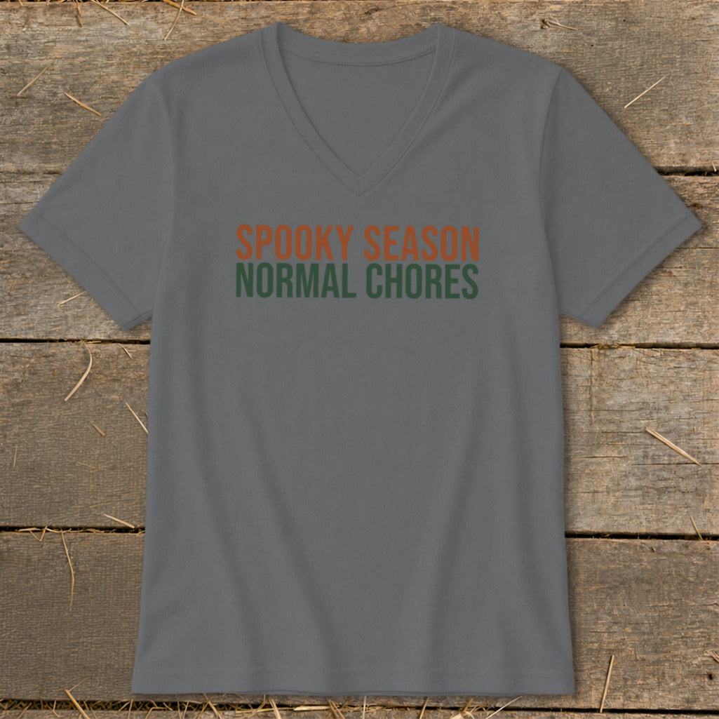 Grey v-neck t-shirt with "SPOOKY SEASON" and "NORMAL CHORES" text.