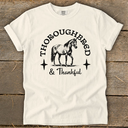 Cream t-shirt with black graphic of a horse and text "THOROUGHBRED & Thankful".