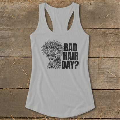 Grey tank top with a chicken graphic and the text "BAD HAIR DAY?".