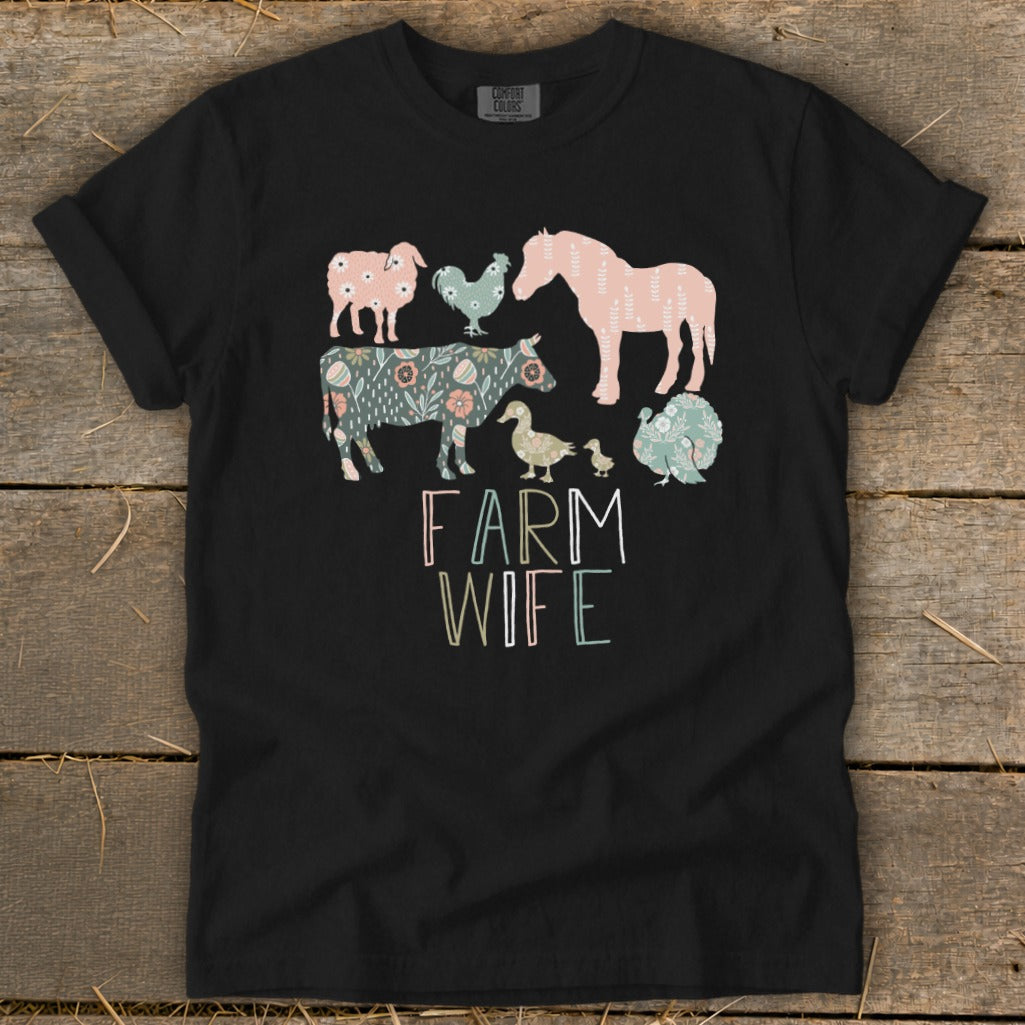Black t-shirt with floral farm animals and "FARM WIFE" text.