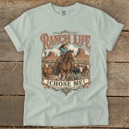 Light blue t-shirt with "Ranch Life Chose Me" graphic featuring a woman on horseback.