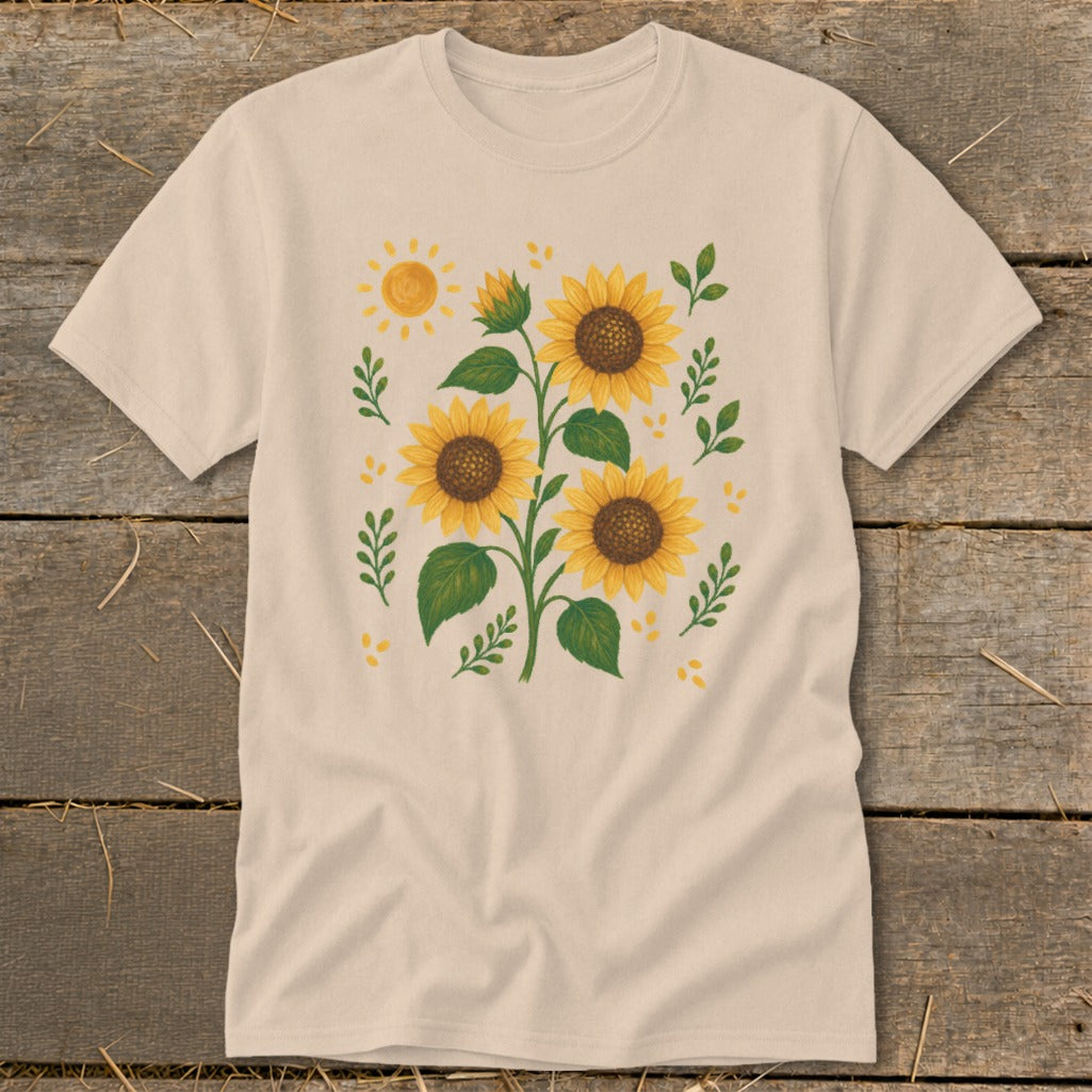 T-shirt with a botanical print of sunflowers and a small yellow sun.