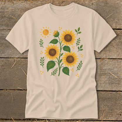 T-shirt with a botanical print of sunflowers and a small yellow sun.