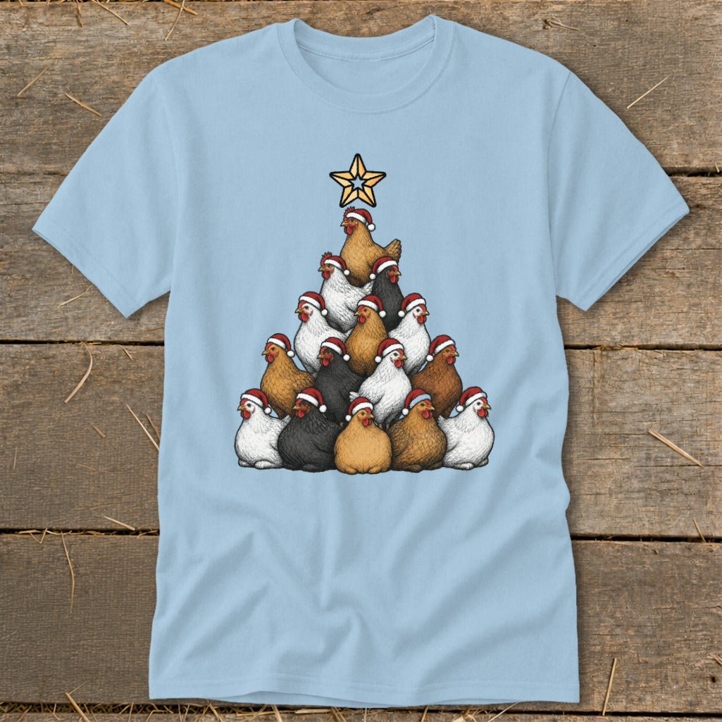 Light blue t-shirt with a Christmas tree made of chickens wearing Santa hats.
