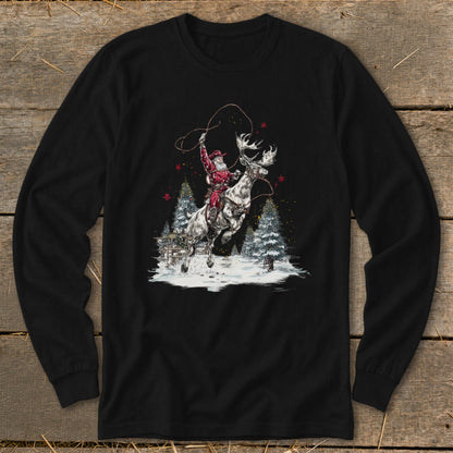 Santa Claus riding a reindeer, lassoing in a snowy forest.