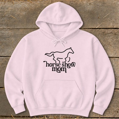 Pink hoodie with a black line drawing of a horse and the text "horse show mom".