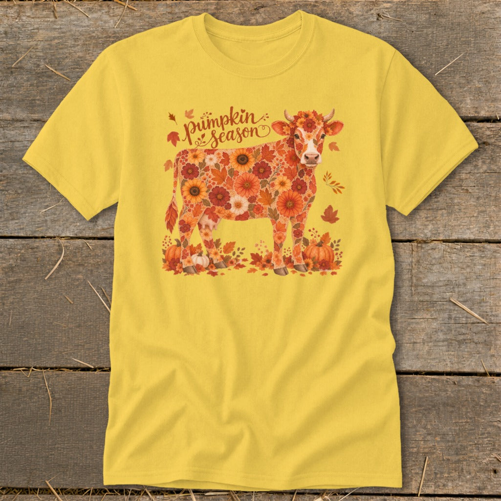 Yellow t-shirt with a cow made of autumn flowers and the text "Pumpkin Season".