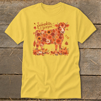 Yellow t-shirt with a cow made of autumn flowers and the text "Pumpkin Season".
