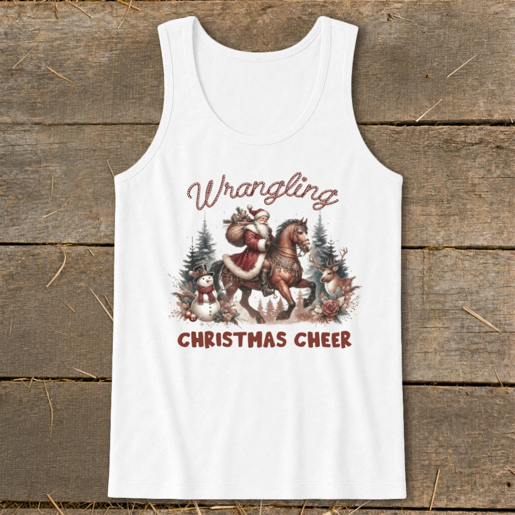 White tank top with "Wrangling Christmas Cheer" text and Santa on horseback.