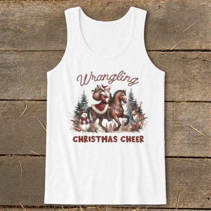 White tank top with "Wrangling Christmas Cheer" text and Santa on horseback.
