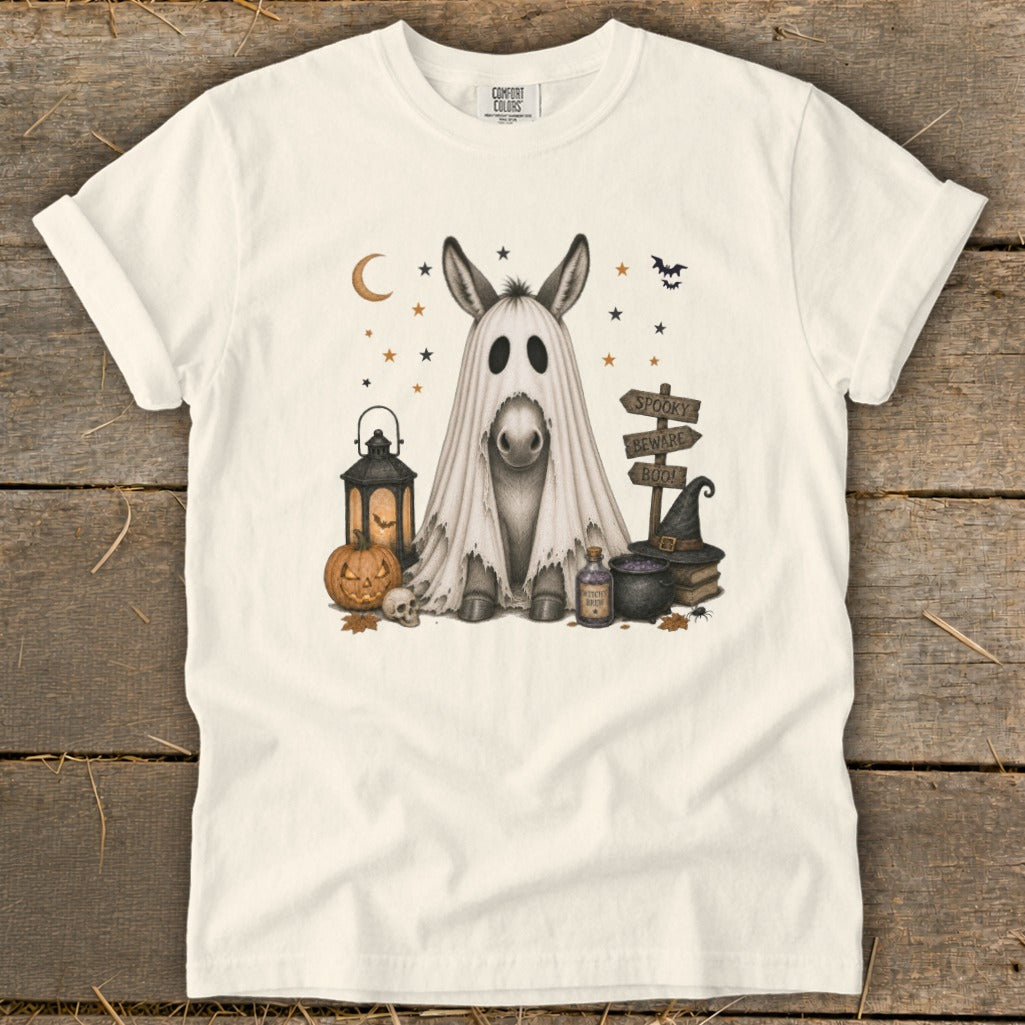Donkey ghost with Halloween decorations and signs that read "Spooky," "Beware," and "Boo!"