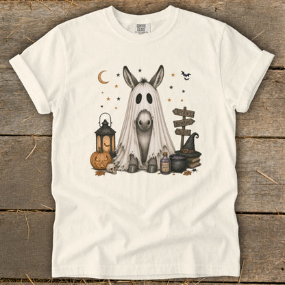 Donkey ghost with Halloween decorations and signs that read "Spooky," "Beware," and "Boo!"
