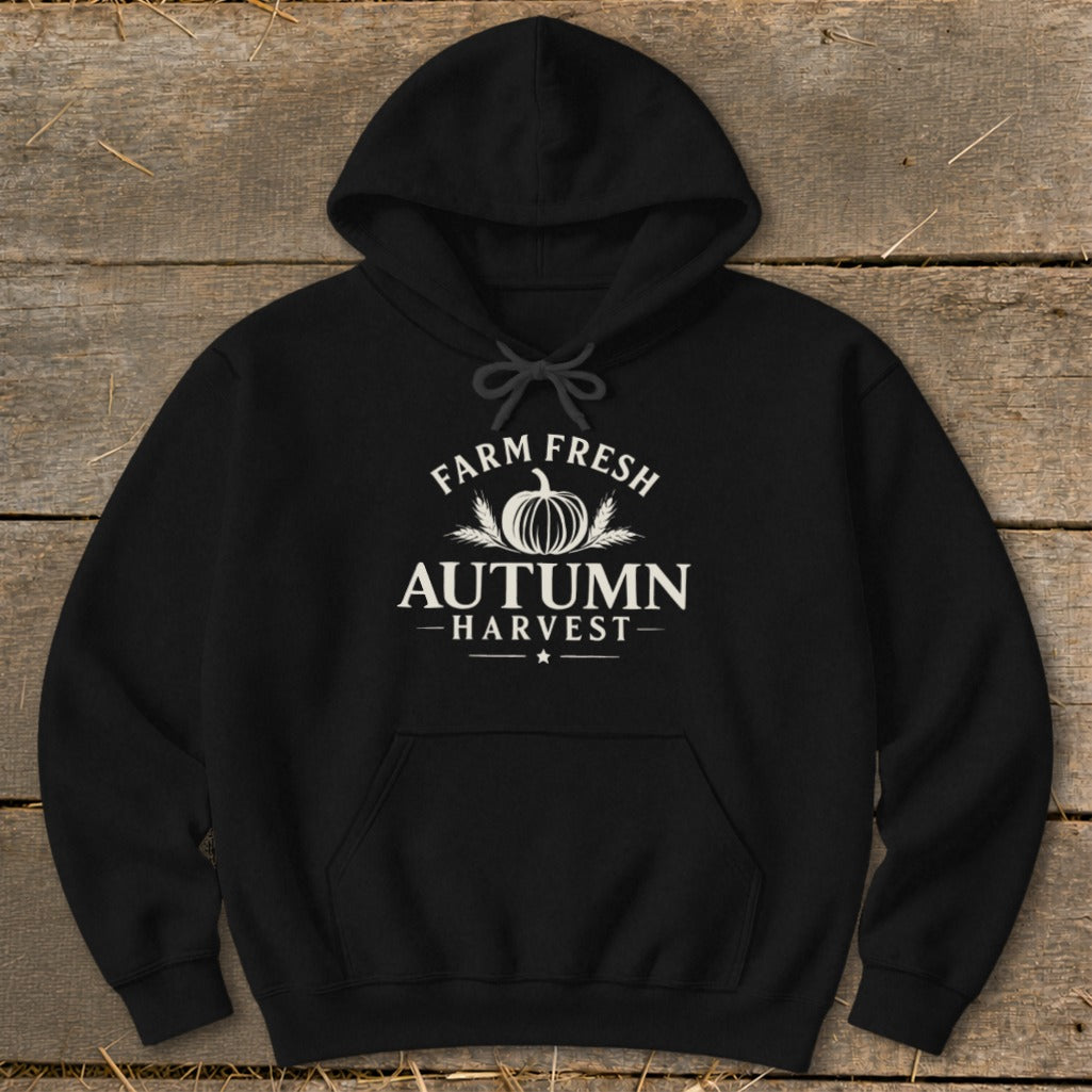 Black hoodie with "Farm Fresh Autumn Harvest" text and pumpkin graphic.