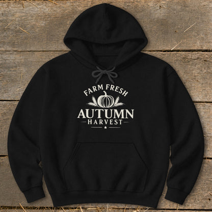 Black hoodie with "Farm Fresh Autumn Harvest" text and pumpkin graphic.