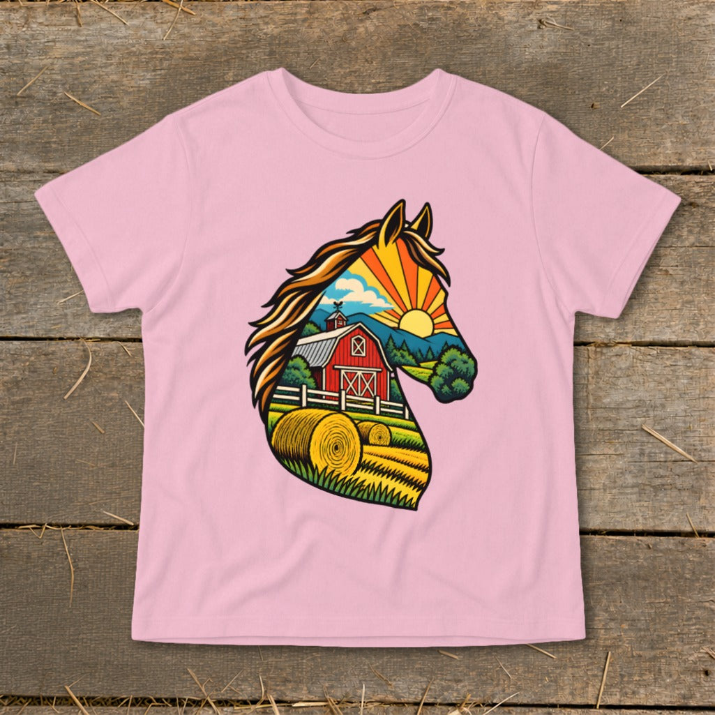 Pink t-shirt featuring a graphic of a horse head silhouette filled with a rural landscape.