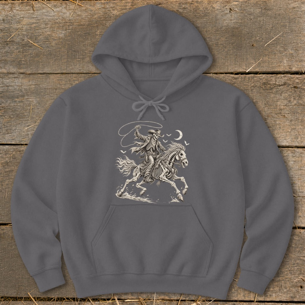 Skeleton cowboy with lasso riding a horse under a crescent moon.