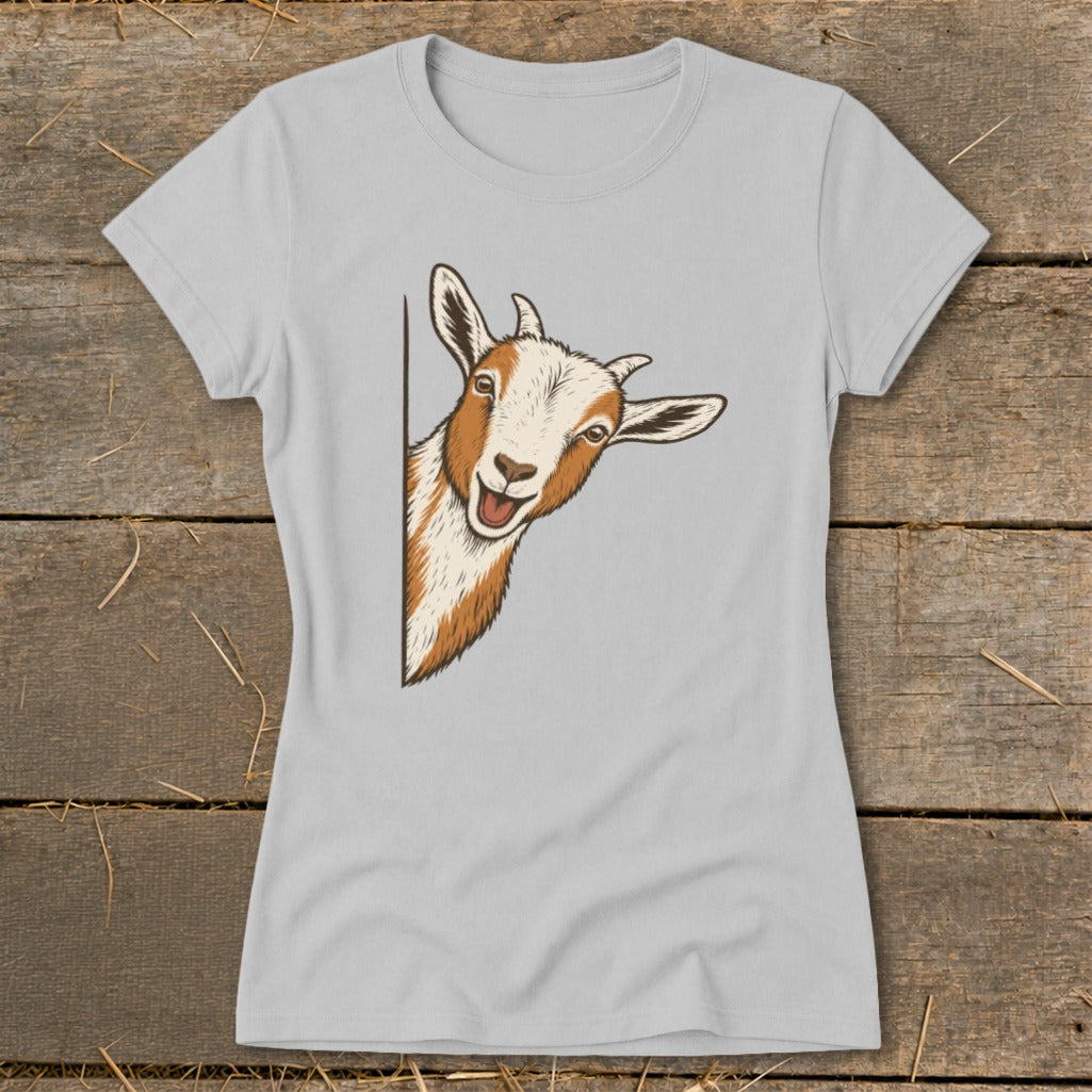 Light grey t-shirt with illustration of a smiling goat peeking around a corner.