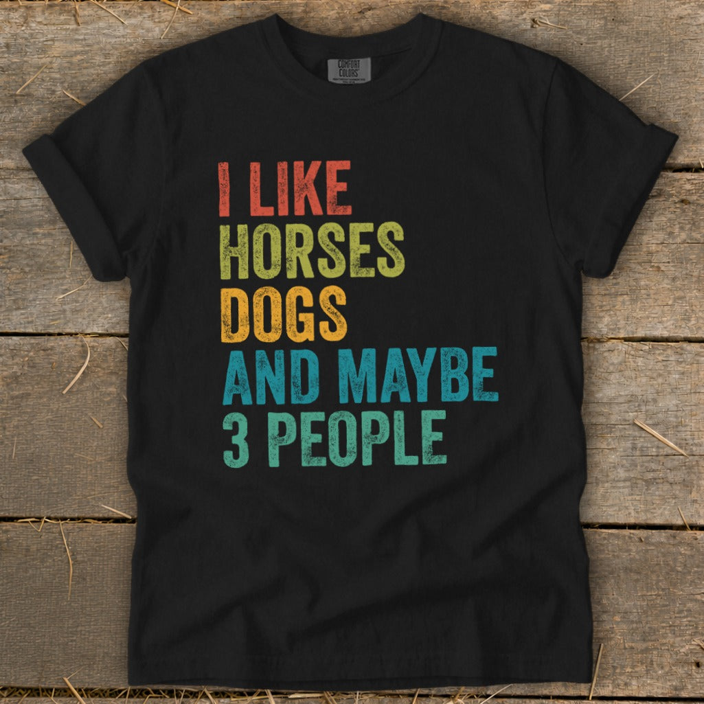 Black t-shirt with text "I like horses dogs and maybe 3 people" in retro font.