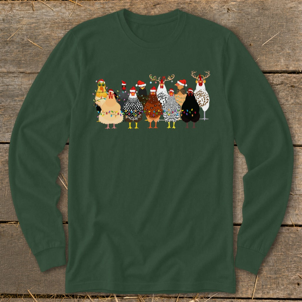 Chickens wearing Santa hats and Christmas lights in a row.