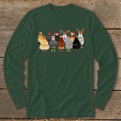 Chickens wearing Santa hats and Christmas lights in a row.