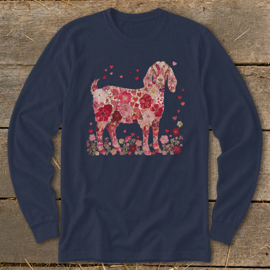 Goat silhouette filled with pink and red flowers and hearts on a navy long-sleeve shirt.