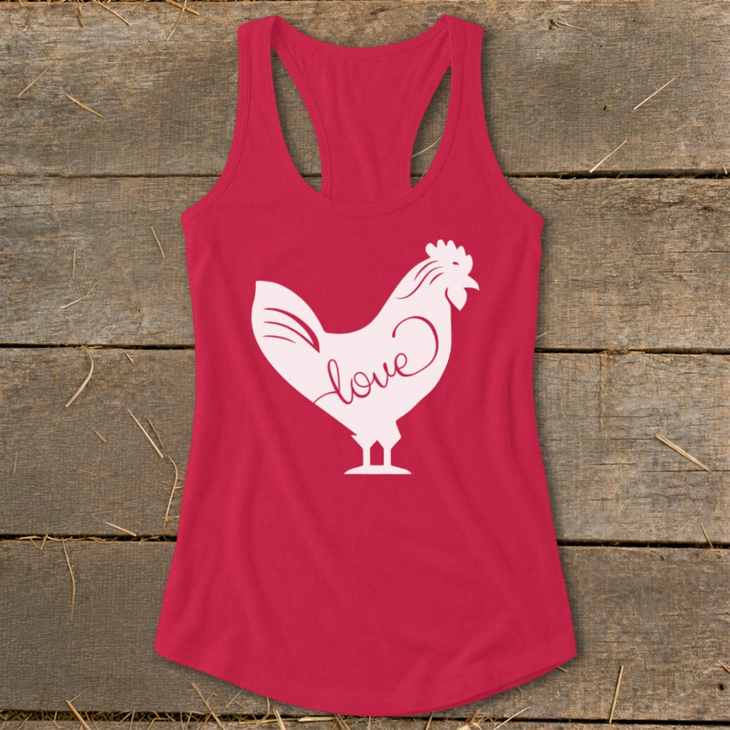 Pink racerback tank top with white chicken graphic and "love" text.