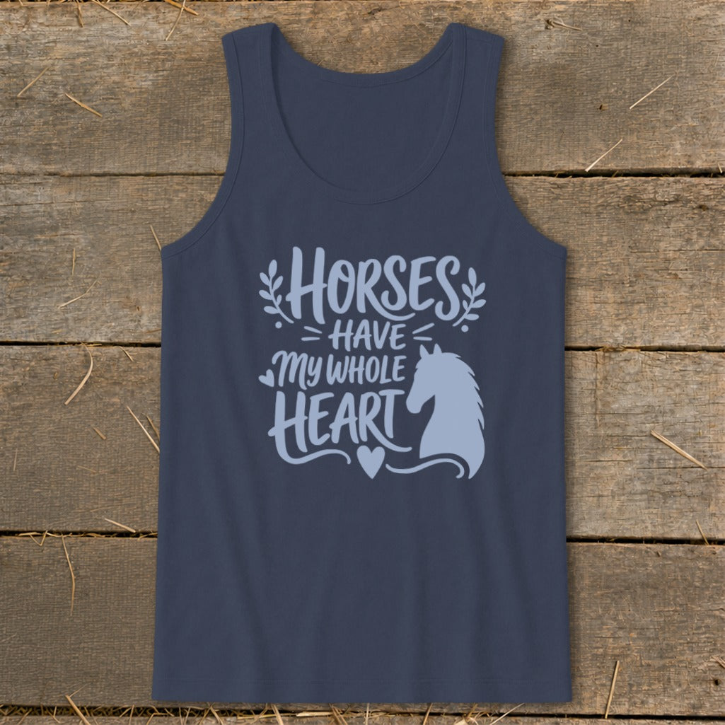 Navy tank top with "Horses Have My Whole Heart" and horse silhouette.