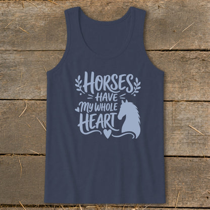 Navy tank top with "Horses Have My Whole Heart" and horse silhouette.
