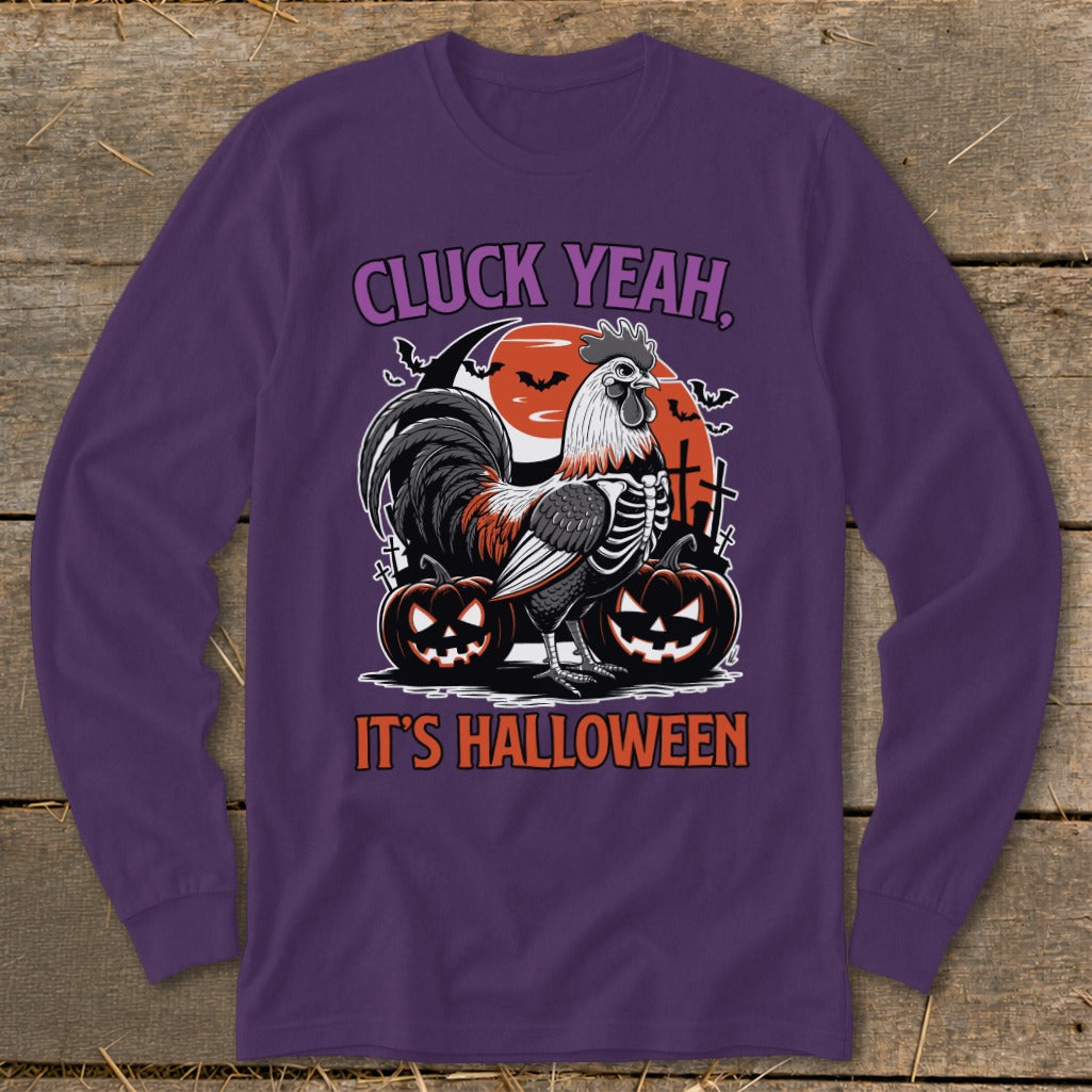 Rooster skeleton with pumpkins and bats reads "CLUCK YEAH, IT'S HALLOWEEN".