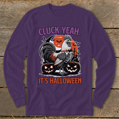 Rooster skeleton with pumpkins and bats reads "CLUCK YEAH, IT'S HALLOWEEN".