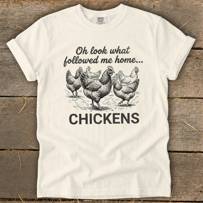 Cream t-shirt with "Oh look what followed me home..." and chickens design.