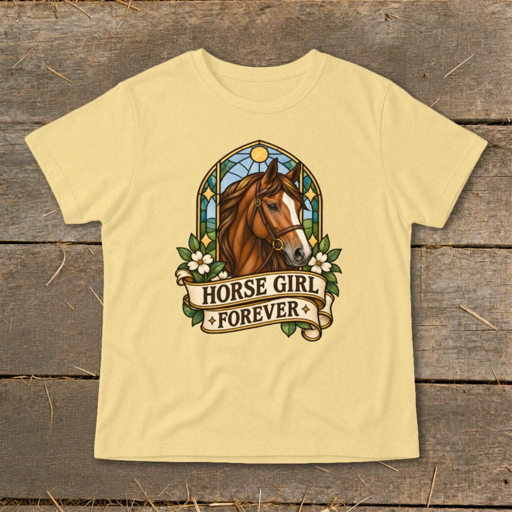 Yellow t-shirt with a horse head in a stained-glass window and "Horse Girl Forever" text.