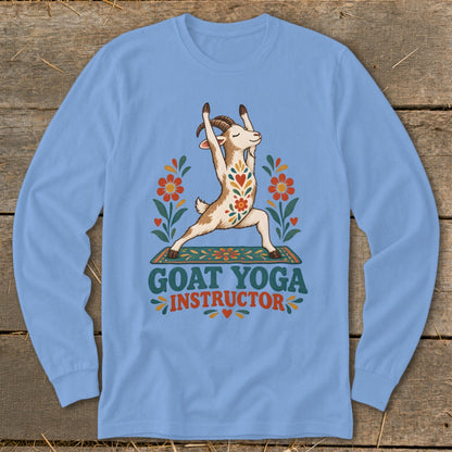 Light blue long sleeve shirt with a goat doing yoga and "GOAT YOGA INSTRUCTOR" text.