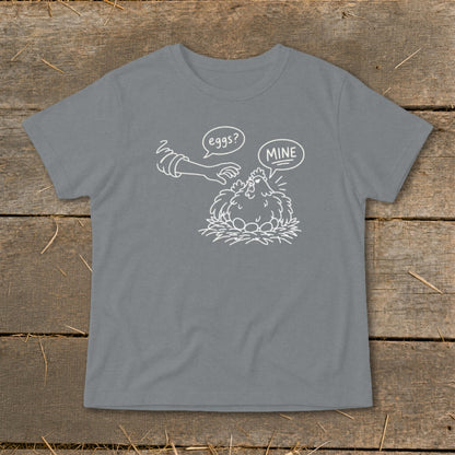 Line drawing of a hen protecting her eggs with speech bubbles "eggs?" and "MINE".