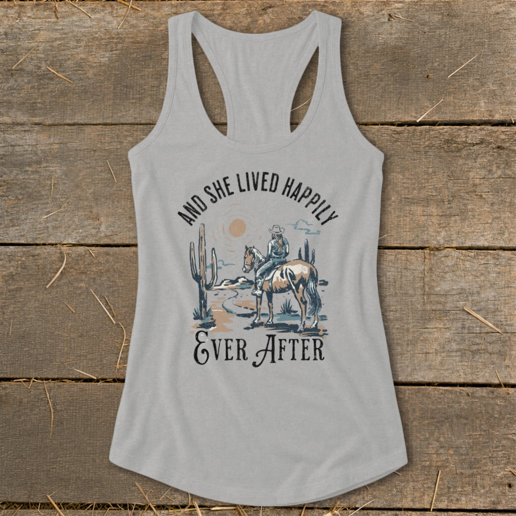 Light gray tank top with graphic of a woman on horseback in a desert scene.