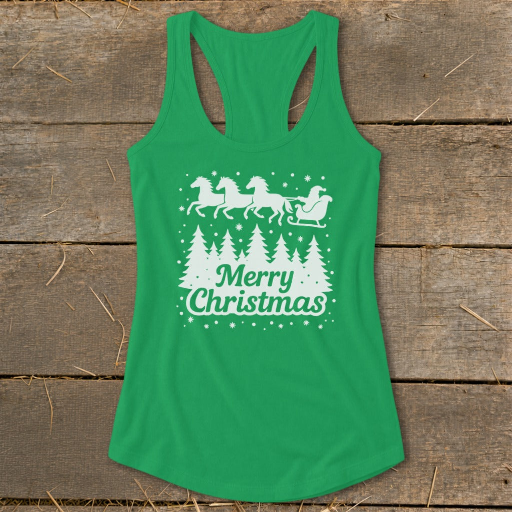 Green tank top with white Christmas design featuring horses pulling a sleigh and the words "Merry Christmas."