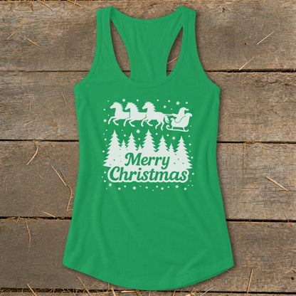 Green tank top with white Christmas design featuring horses pulling a sleigh and the words "Merry Christmas."