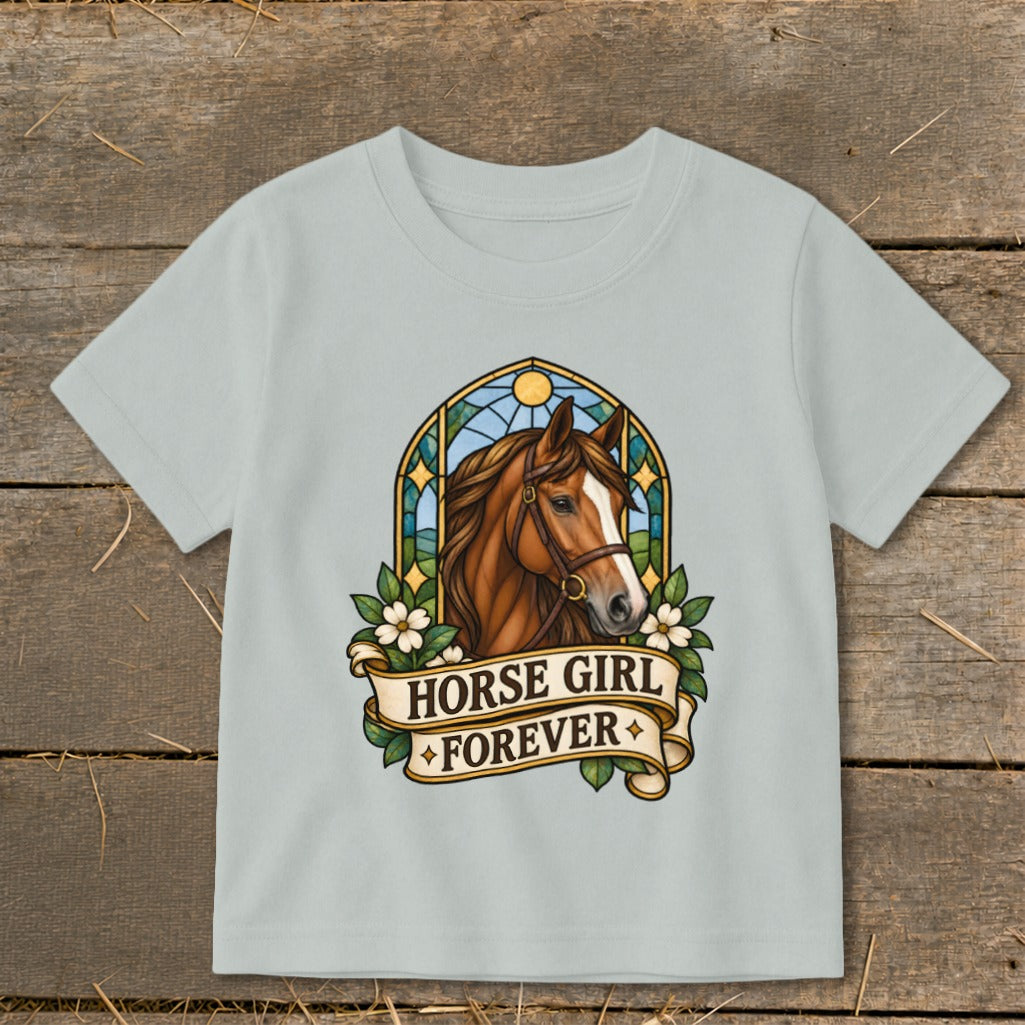 Light blue t-shirt with a brown horse illustration and "Horse Girl Forever" text.