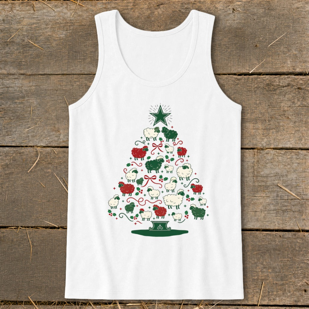 White tank top with a Christmas tree made of sheep, holly, and bows.