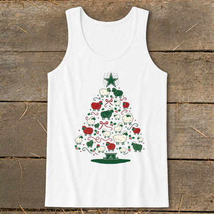 White tank top with a Christmas tree made of sheep, holly, and bows.