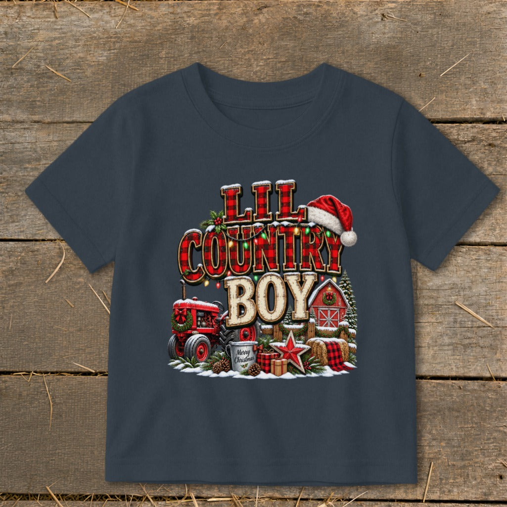 T-shirt with "Lil Country Boy" text, Santa hat, tractor, and Christmas barn scene.
