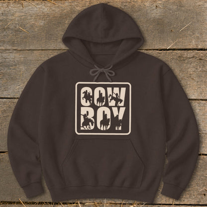 Brown hoodie with a graphic of cowboys on horses within a square and the text COW BOY.